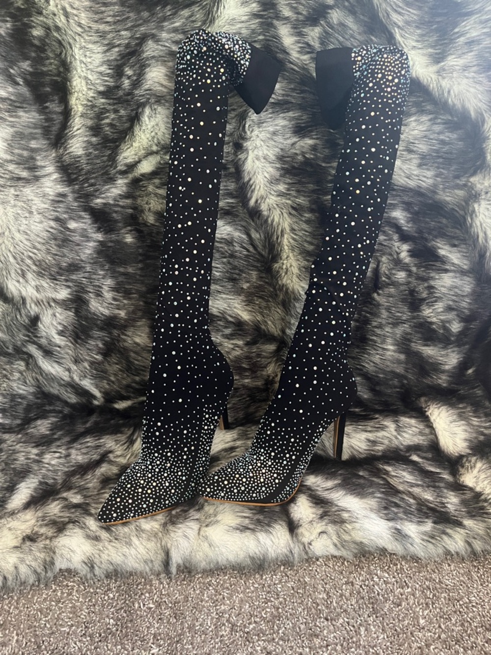Black Over-the-Knee Rhinestone Stretch Stiletto Boots